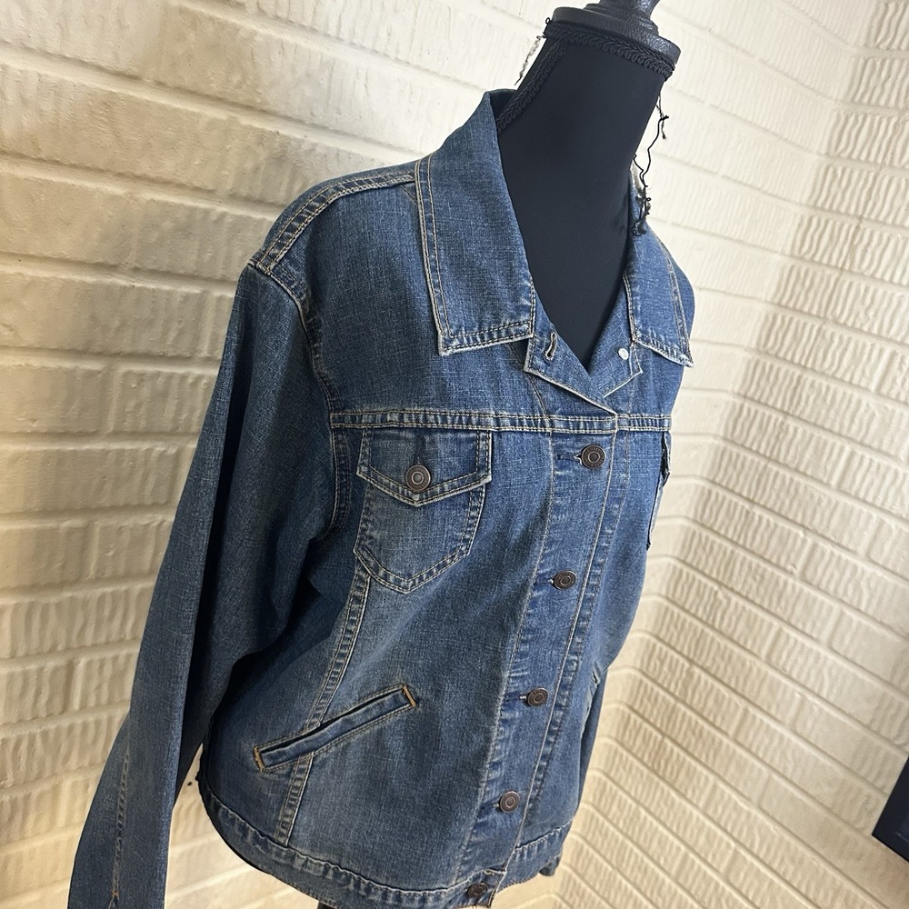 Levi Strauss Distressed Trucker Jean‎ Denim Blue Womens Stretch Coat Jacket L - Picture 2 of 6